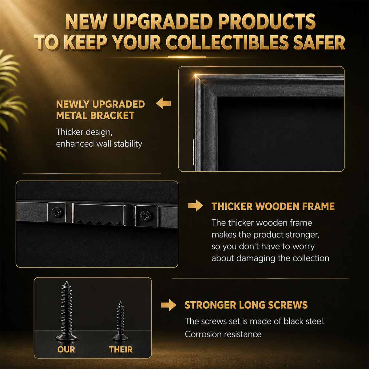 Promotional graphic for a framed wall art product showing three callout panels with text about an upgraded metal bracket, a thicker wooden frame, and stronger long screws, on a dark gold background.
