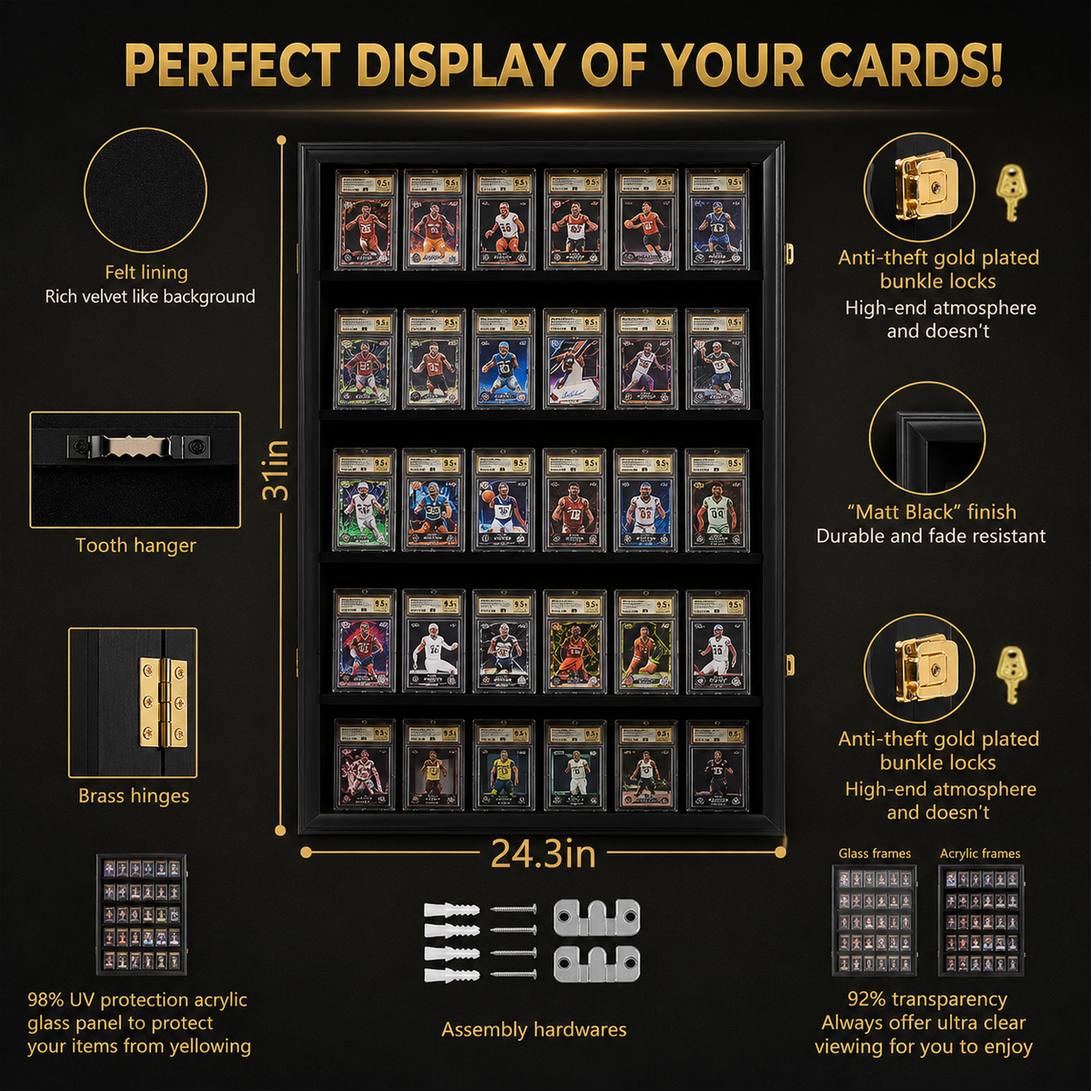 A black card display frame with 24 slots holding basketball trading cards, shown on a black background with gold text and callout labels describing features like felt lining, tooth hanger, brass hinges, anti-theft locks, and dimensions 31 in by 24.3 in.