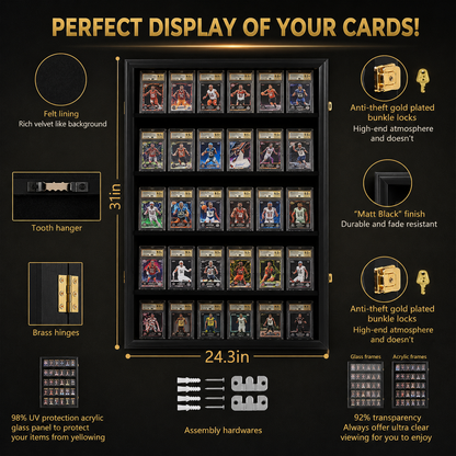 A black card display frame with 24 slots holding basketball trading cards, shown on a black background with gold text and callout labels describing features like felt lining, tooth hanger, brass hinges, anti-theft locks, and dimensions 31 in by 24.3 in.