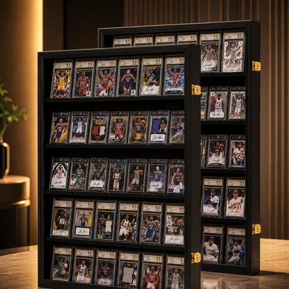 A black wooden sports trading card display cabinet with multiple shelves and doors, filled with framed basketball player cards, shown in a warm indoor setting.