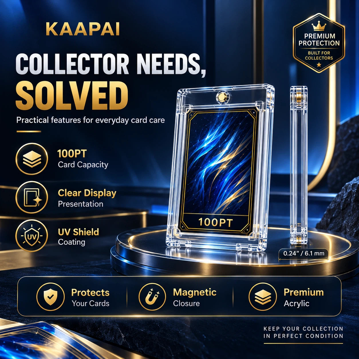 KAAPAI clear acrylic card display set shown on a dark blue promotional background, including a rectangular card holder with a blue card insert and a slim matching pen-like holder. Text highlights features such as 100PT card capacity, clear display presentation, UV shield coating, and premium acrylic.