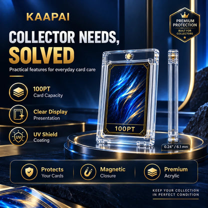 KAAPAI clear acrylic card display set shown on a dark blue promotional background, including a rectangular card holder with a blue card insert and a slim matching pen-like holder. Text highlights features such as 100PT card capacity, clear display presentation, UV shield coating, and premium acrylic.