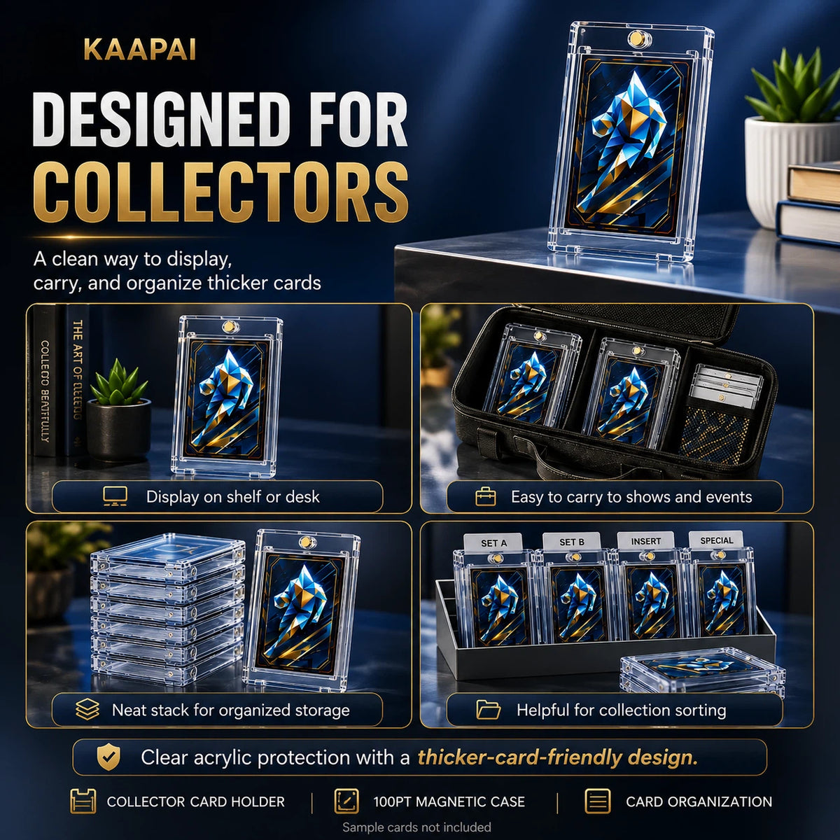 KAAPAI acrylic card holder set shown in multiple lifestyle and product demonstration scenes on a dark blue background. The set includes a clear acrylic display case with a blue-and-gold illustrated card, a black magnetic card case with clear holders inside, a neat stack of clear cases, and card organization inserts.