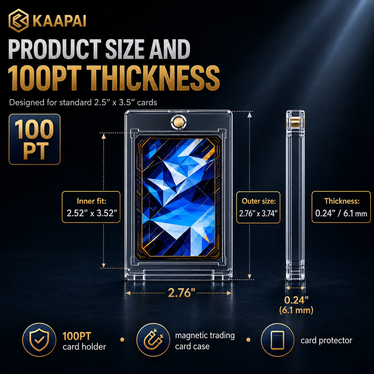 Promotional graphic for a KAAPAI 100pt clear card holder/protector, showing a transparent case around a blue geometric card with labeled dimensions: inner fit 2.52" x 3.