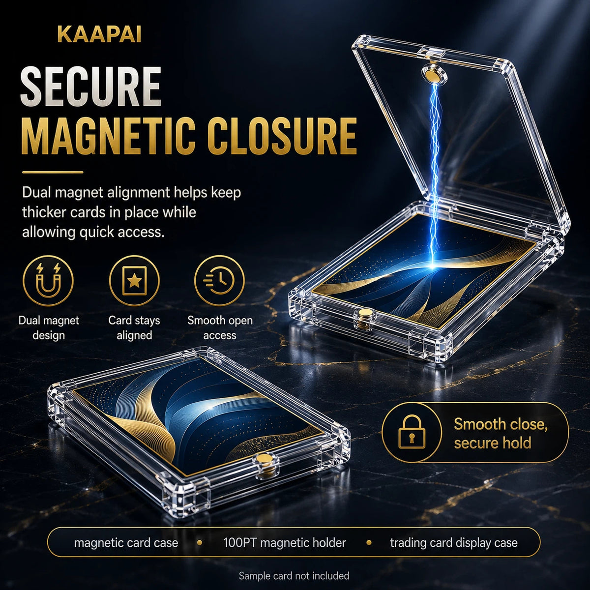 Transparent acrylic magnetic card display case shown open and closed on a dark marble-style background, with promotional text highlighting secure magnetic closure and lightning-fast access.