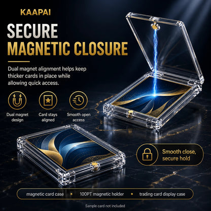 Transparent acrylic magnetic card display case shown open and closed on a dark marble-style background, with promotional text highlighting secure magnetic closure and lightning-fast access.