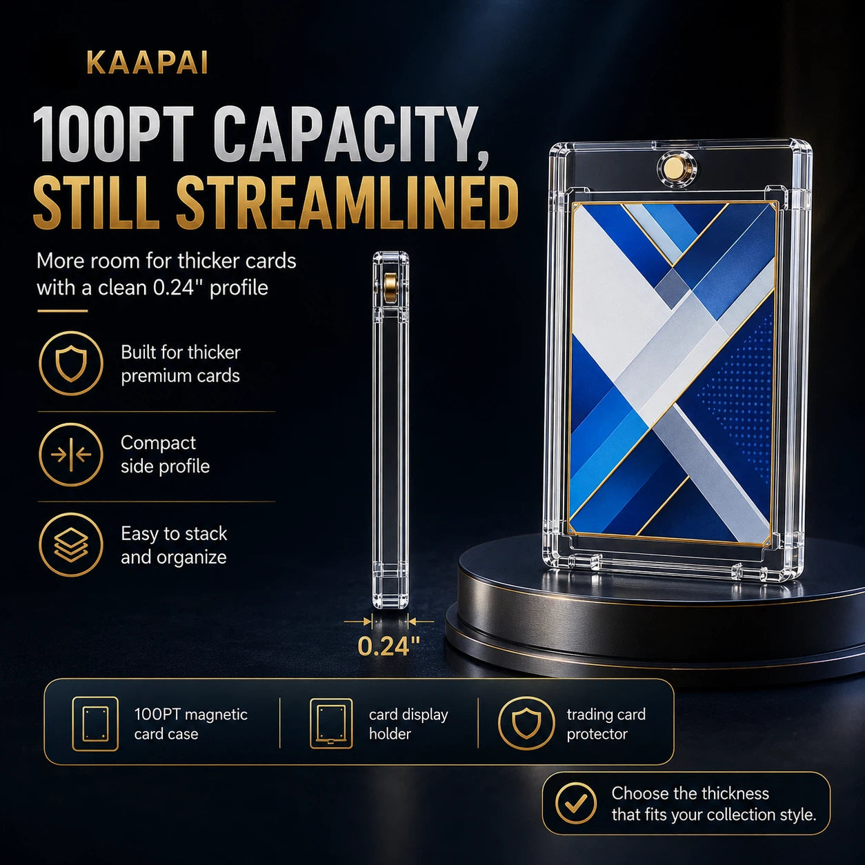 Clear acrylic magnetic card case shown on a dark promotional background, with a phone inserted as a demonstration. The image includes marketing text and icons highlighting 100PT capacity, compact side profile, and stackable design.
