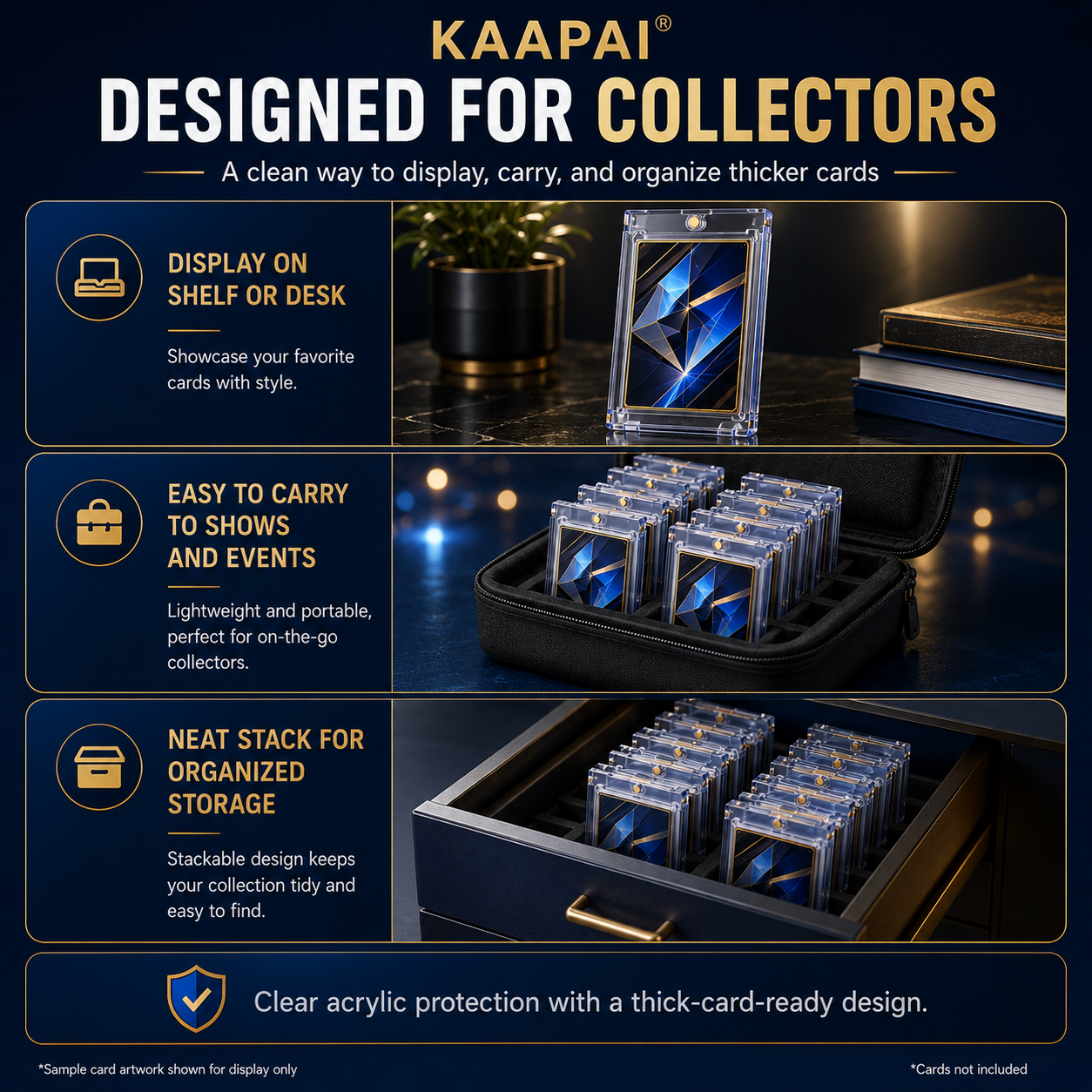 Kaapai acrylic card display and storage organizer shown in a promotional infographic on a dark navy background. The image includes the product in a clear stand, inside an open black organizer tray, and stacked neatly inside a black case, with text callouts about displaying on a shelf or desk, carrying to events, and organized storage.