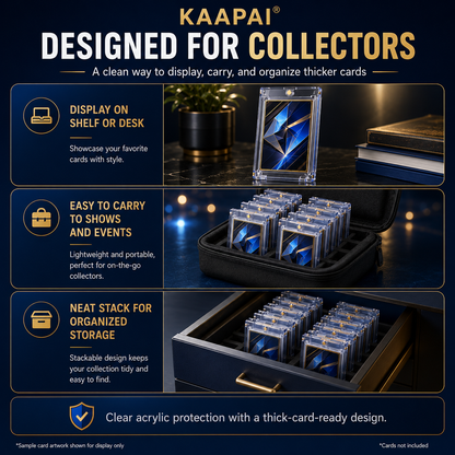 Kaapai acrylic card display and storage organizer shown in a promotional infographic on a dark navy background. The image includes the product in a clear stand, inside an open black organizer tray, and stacked neatly inside a black case, with text callouts about displaying on a shelf or desk, carrying to events, and organized storage.