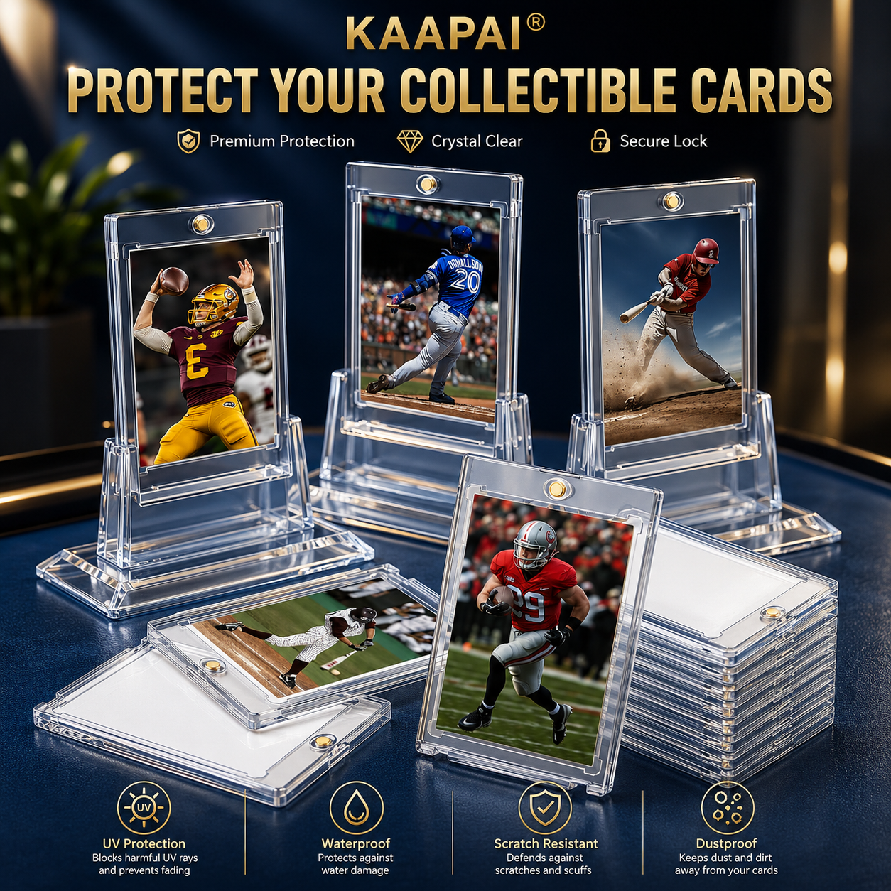 KAAPAI clear acrylic card protectors displayed on a dark blue surface, holding and stacking multiple sports trading cards. The image includes feature callouts and icons for UV protection, waterproofing, scratch resistance, and dustproof protection.