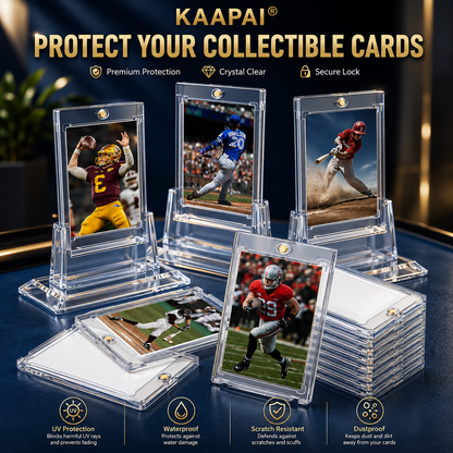 KAAPAI clear acrylic card protectors displayed on a dark blue surface, holding and stacking multiple sports trading cards. The image includes feature callouts and icons for UV protection, waterproofing, scratch resistance, and dustproof protection.
