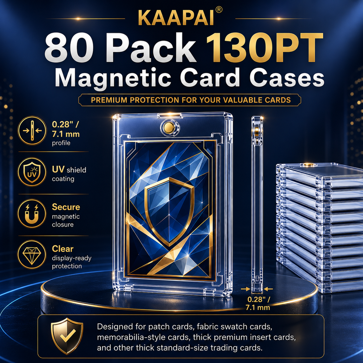 KAAPAI 80 pack of 130-piece magnetic card cases, shown in a dark blue promotional graphic with product features, dimensions, and a stack of clear cases on a glowing circular platform.