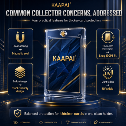 KAAPAI card protector case shown on a dark blue promotional graphic with feature callouts for magnetic seal, snug fit, stack-friendly design, and UV protection.