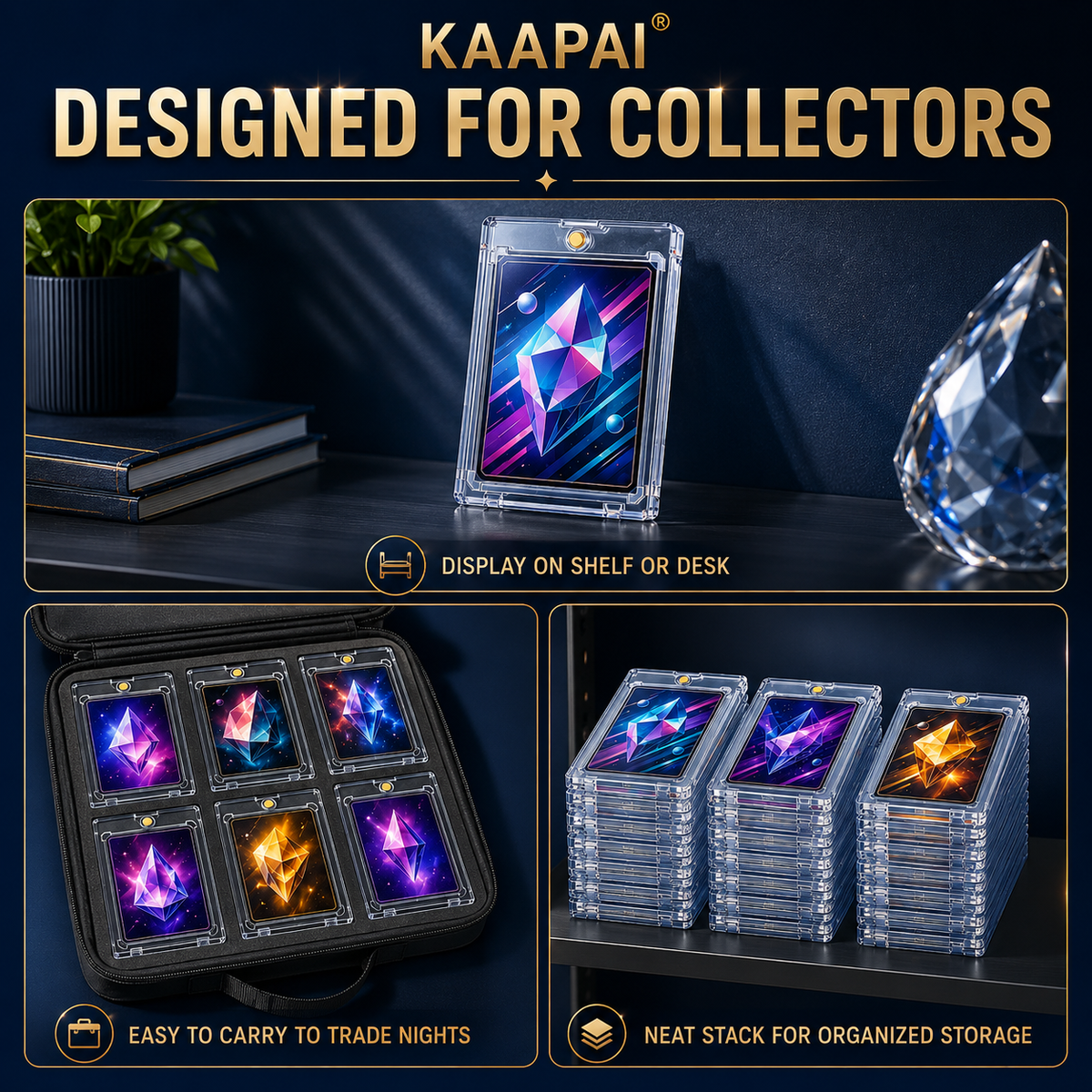 KAAPAI card holder display set designed for collectors, featuring a clear acrylic stand holding a colorful card, a black hard case with six card slots, and several stacks of clear card holders, all presented on a dark styled background with text overlays.