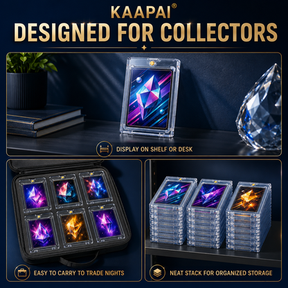 KAAPAI card holder display set designed for collectors, featuring a clear acrylic stand holding a colorful card, a black hard case with six card slots, and several stacks of clear card holders, all presented on a dark styled background with text overlays.