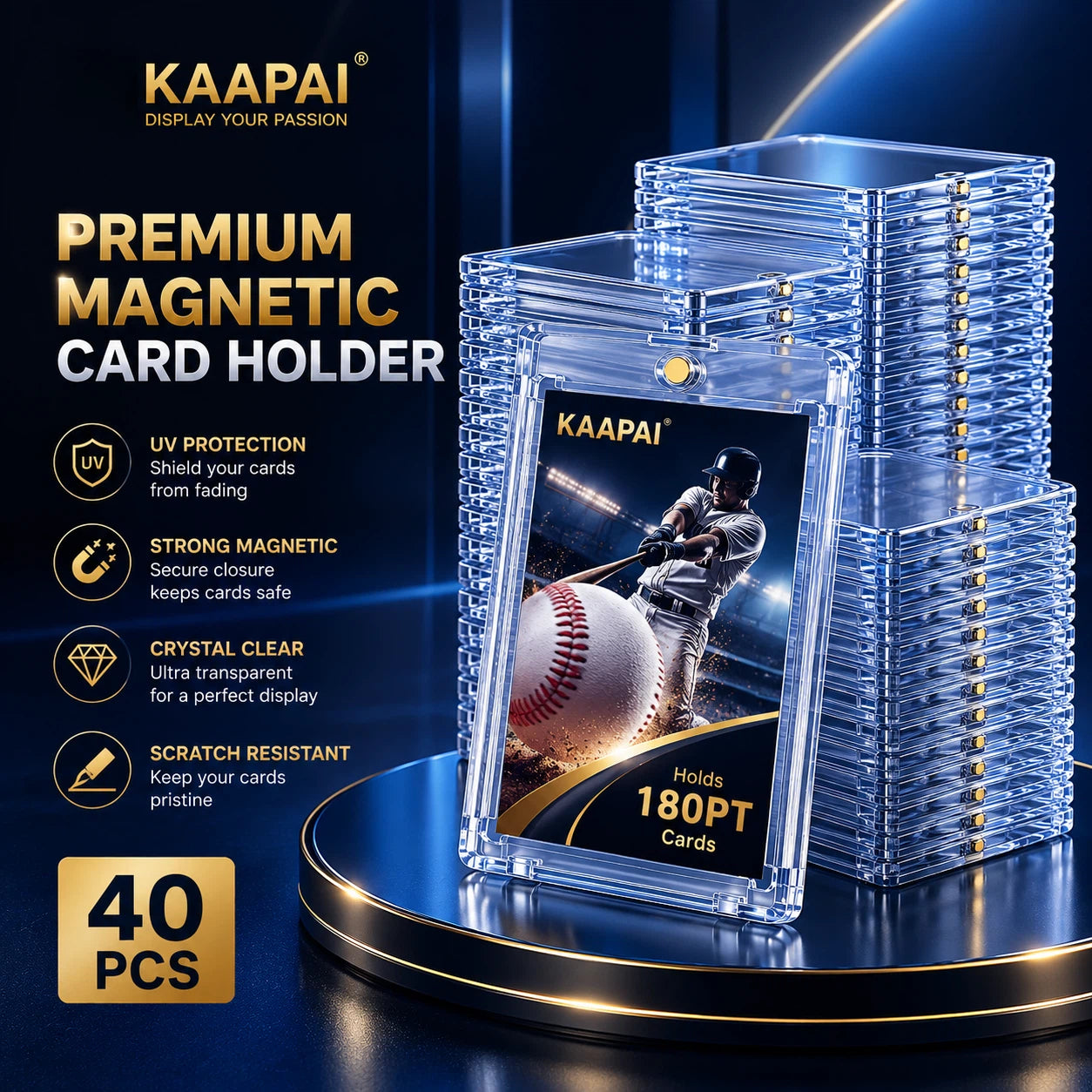 Clear acrylic magnetic card holder display set with stacked transparent holders and a sample baseball card insert, shown on a dark blue studio background with promotional text reading KAAPAI and PREMIUM MAGNETIC CARD HOLDER.