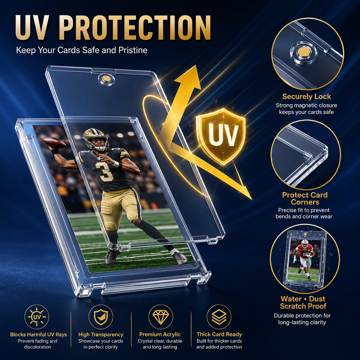 UV protective clear acrylic card holder shown on a dark blue promotional background with text callouts and feature icons. The holder contains a football player photo insert and is labeled for UV protection, with circular callouts about secure magnetic closure, card-corner protection, and water/dust scratch proof durability.
