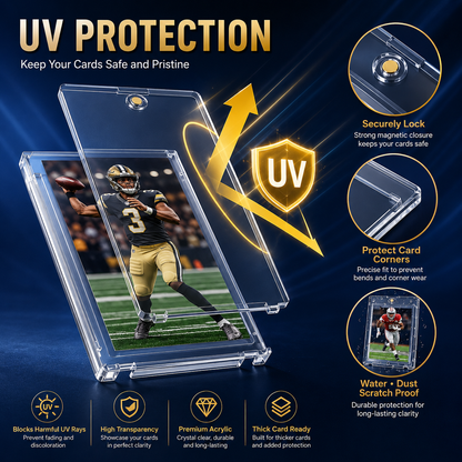 UV protective clear acrylic card holder shown on a dark blue promotional background with text callouts and feature icons. The holder contains a football player photo insert and is labeled for UV protection, with circular callouts about secure magnetic closure, card-corner protection, and water/dust scratch proof durability.