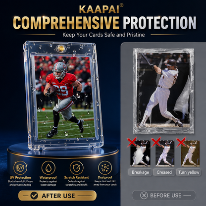 Kaapai comprehensive protection card case shown on a dark blue promotional graphic, with a clear sample card displaying a football player and a smaller sample card showing wear resistance testing. Text highlights UV protection, waterproofing, scratch resistance, and dustproof performance.