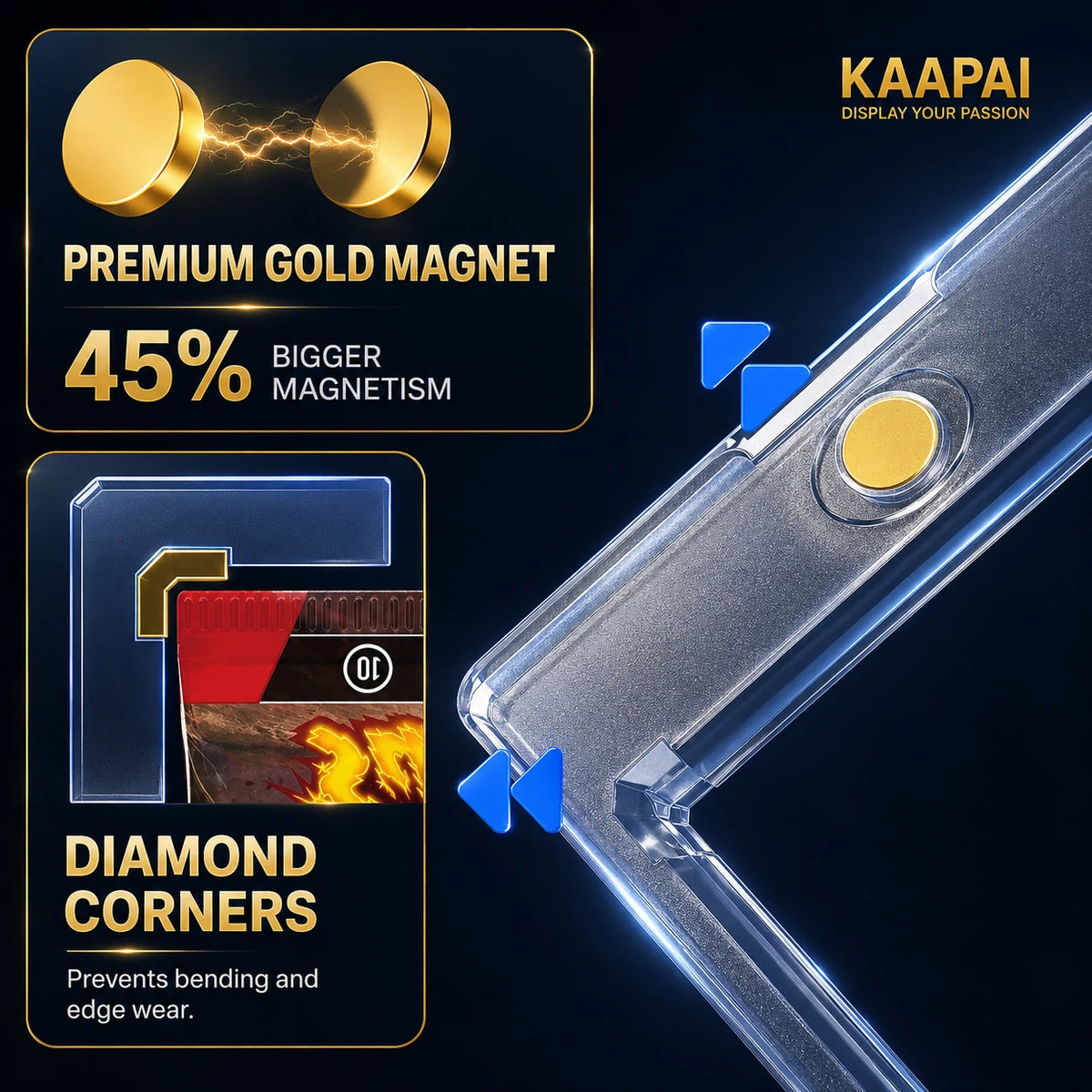 A clear protective phone case with a gold magnetic ring and reinforced corners, shown on a dark blue background with promotional text highlighting premium gold magnetism and diamond-corner protection. The KAAPAI brand name is visible in the top right.