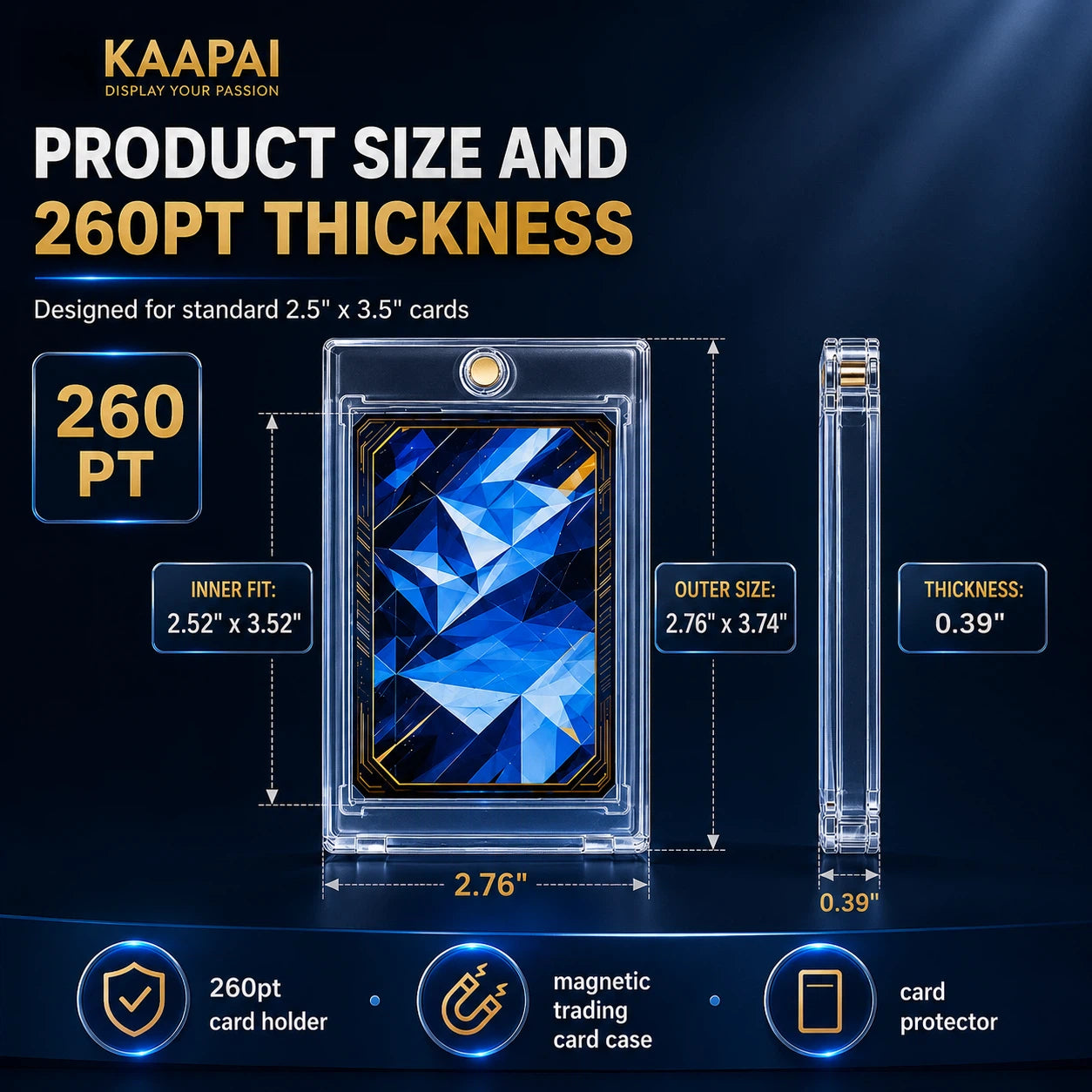 Product size and thickness diagram for a KAAPAI clear acrylic card holder and card protector, shown with front and side views on a dark blue background. The graphic highlights 260pt thickness, designed for standard 2.