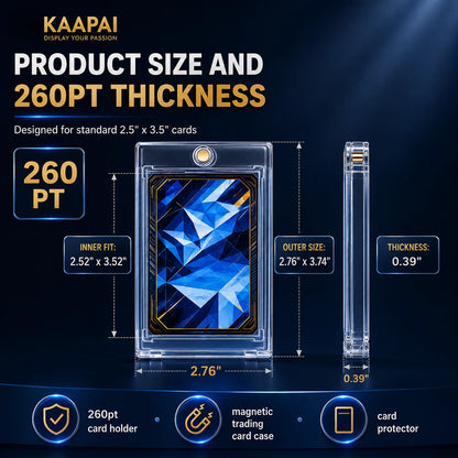 Product size and thickness diagram for a KAAPAI clear acrylic card holder and card protector, shown with front and side views on a dark blue background. The graphic highlights 260pt thickness, designed for standard 2.