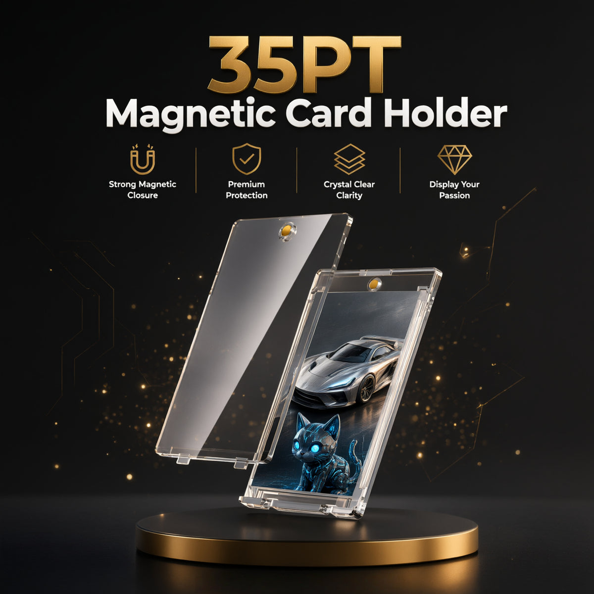 A 35-piece magnetic card holder set displayed on a black background with gold decorative elements and text. The holder consists of clear acrylic panels with gold magnetic clasps, shown holding a smartphone and a clear card.