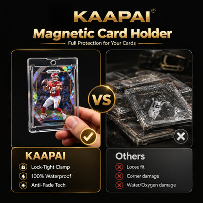 KAAPAI Magnetic Card Holder promotional graphic on a black background, showing a hand holding a clear protective card holder with a football player card inside, alongside a comparison panel of damaged square holders. Text highlights lock-tight clamp, 100% waterproof, and anti-fade tech.