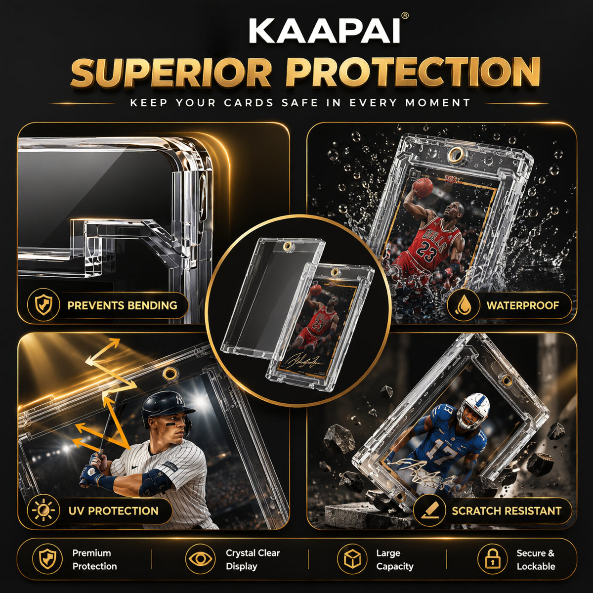 Kaapai Superior Protection card case set shown in a promotional collage with four feature panels: prevents bending, waterproof, UV protection, and scratch resistant. The image includes multiple sports player photos demonstrating the clear cases in use, on a black background with gold and white text.