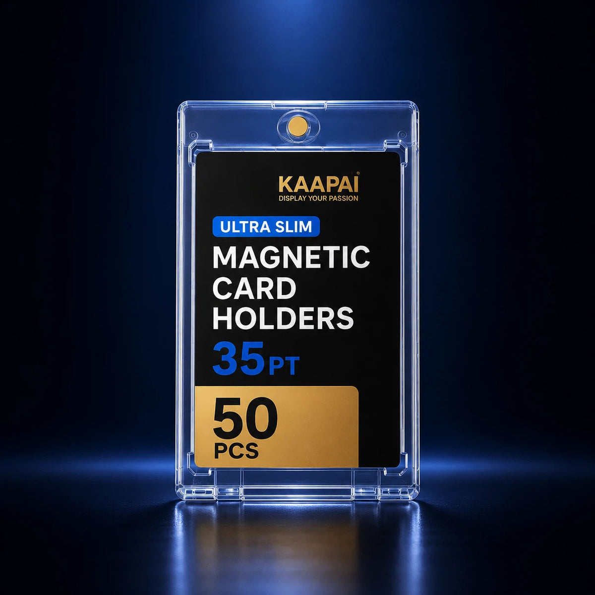 A clear plastic pack of KAAPAI magnetic card holders, containing 35pt (50 pieces) ultra slim holders, shown on a dark blue background with a subtle glow.