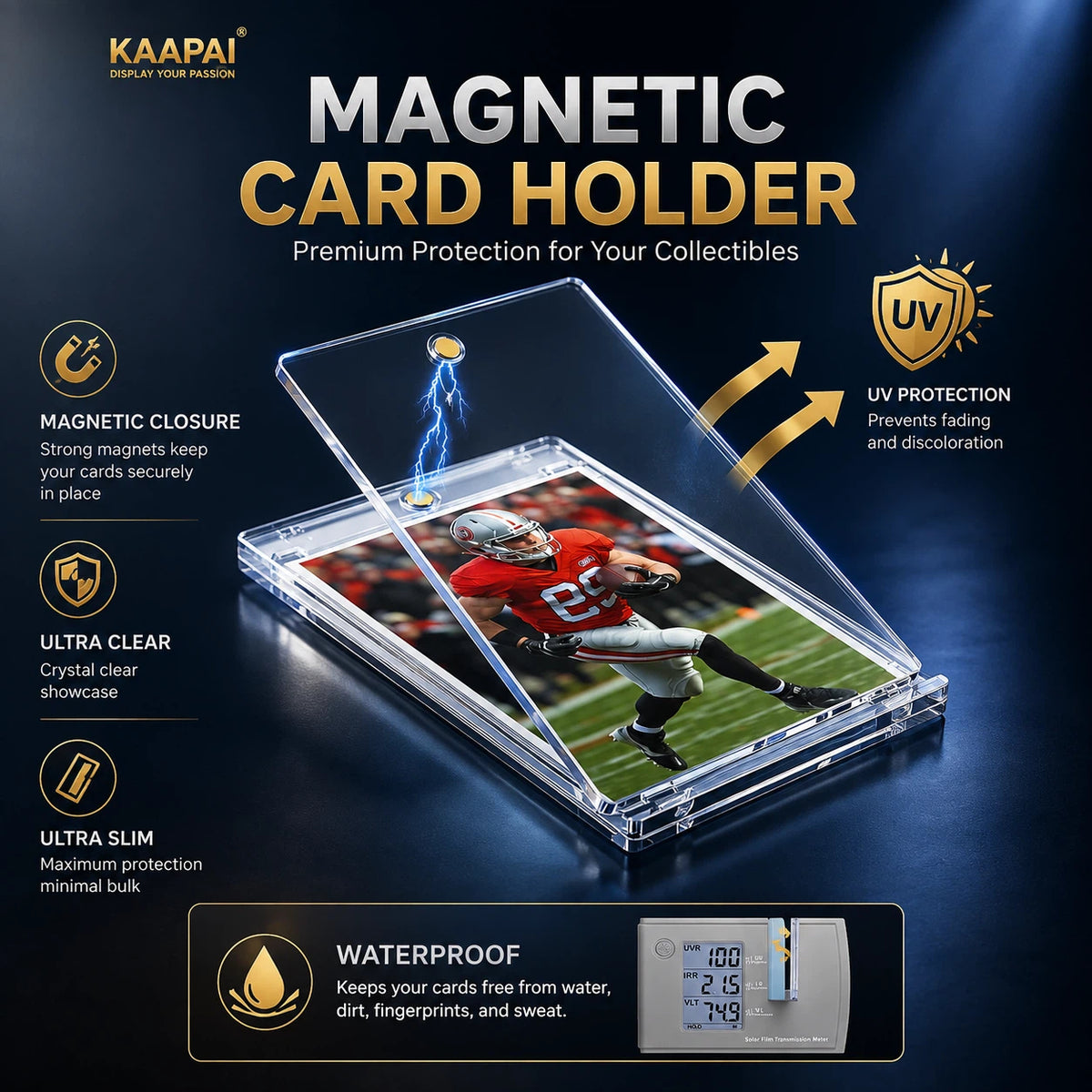 A clear acrylic magnetic card holder displaying a football player photo, shown on a dark blue promotional background with text highlighting magnetic closure, UV protection, ultra clear, ultra slim, and waterproof features. Kaapai branding is visible at the top left.
