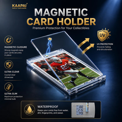 A clear acrylic magnetic card holder displaying a football player photo, shown on a dark blue promotional background with text highlighting magnetic closure, UV protection, ultra clear, ultra slim, and waterproof features. Kaapai branding is visible at the top left.