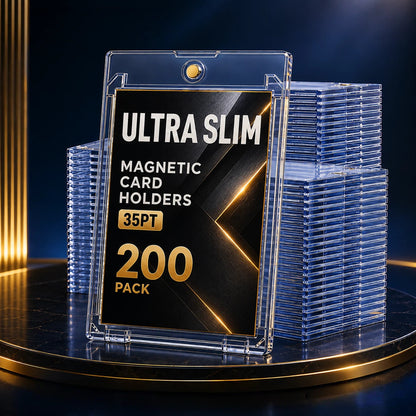 A pack of ultra slim magnetic card holders displayed in a clear acrylic sleeve, with stacks of blue-tinted holders behind it on a dark reflective surface.