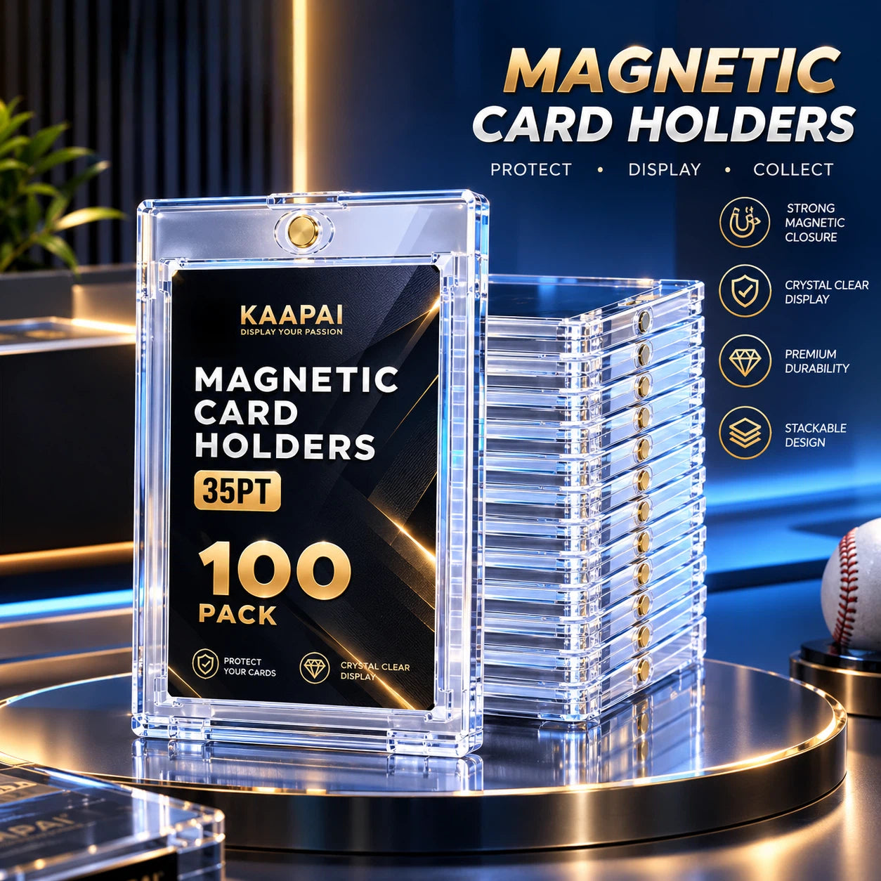 Kaapai magnetic card holders shown in a clear acrylic stackable case with a black insert card, displayed on a reflective dark surface with promotional text and feature icons in the background.
