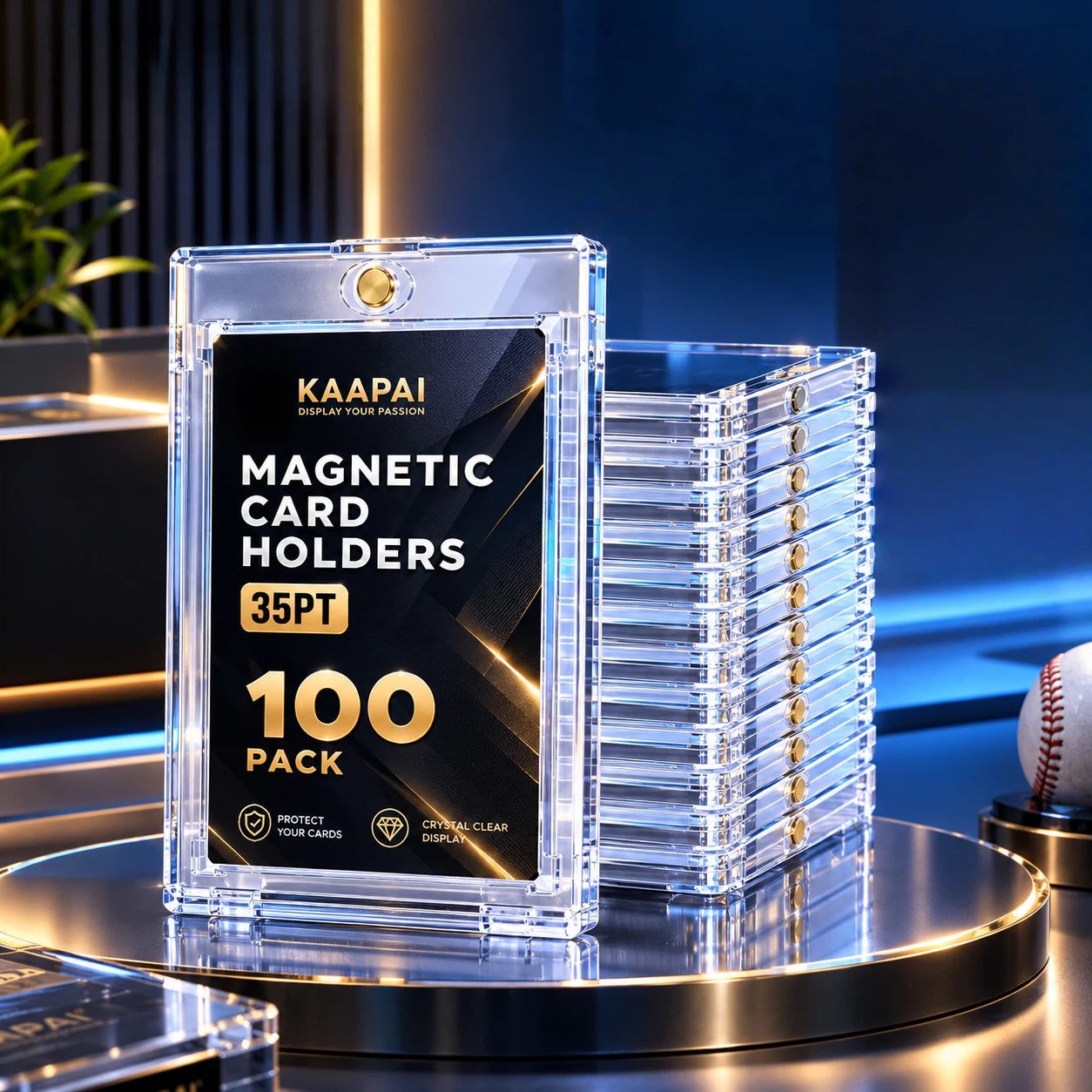 KAAPAI 35pt magnetic card holders in a 100-pack, shown as a clear acrylic sleeve holding a black card insert next to a stack of clear holders on a reflective display stand.