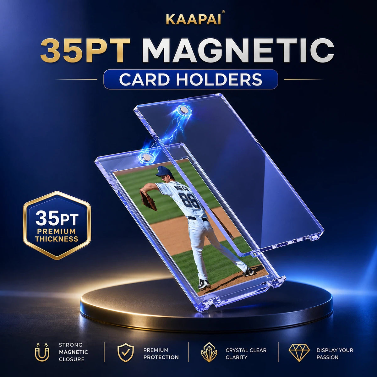 Kaapai 35pt magnetic card holders shown in a promotional graphic on a dark blue background. The image features two transparent acrylic card cases, one displaying a baseball player photo, with blue magnetic effect graphics and text highlighting premium thickness and strong magnetic closure.