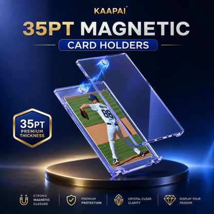 Kaapai 35pt magnetic card holders shown in a promotional graphic on a dark blue background. The image features two transparent acrylic card cases, one displaying a baseball player photo, with blue magnetic effect graphics and text highlighting premium thickness and strong magnetic closure.