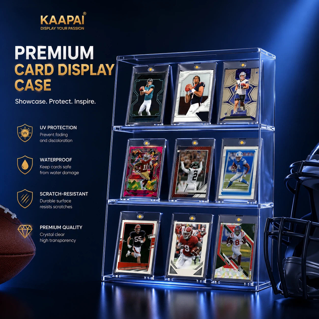 A clear acrylic card display case with three tiers, shown holding multiple sports trading cards. The product is presented on a dark blue studio background with promotional text on the left and a football and helmet as props.