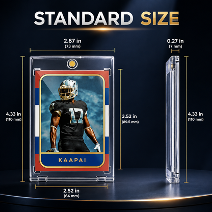 Clear protective sports trading card case shown on a dark studio background with overlaid dimensions labeled for width, height, and thickness, plus the text 'STANDARD SIZE' and a football player card insert.