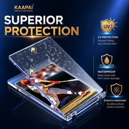Kaapai clear protective screen protector shown over a tablet with a baseball game photo, on a dark blue background with text highlighting UV protection, waterproofing, and scratch resistance.