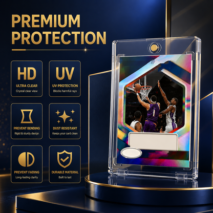 A clear acrylic card protector case holding a basketball trading card, shown on a dark blue pedestal with promotional text and feature icons about premium protection, HD clarity, UV protection, and dust resistance.