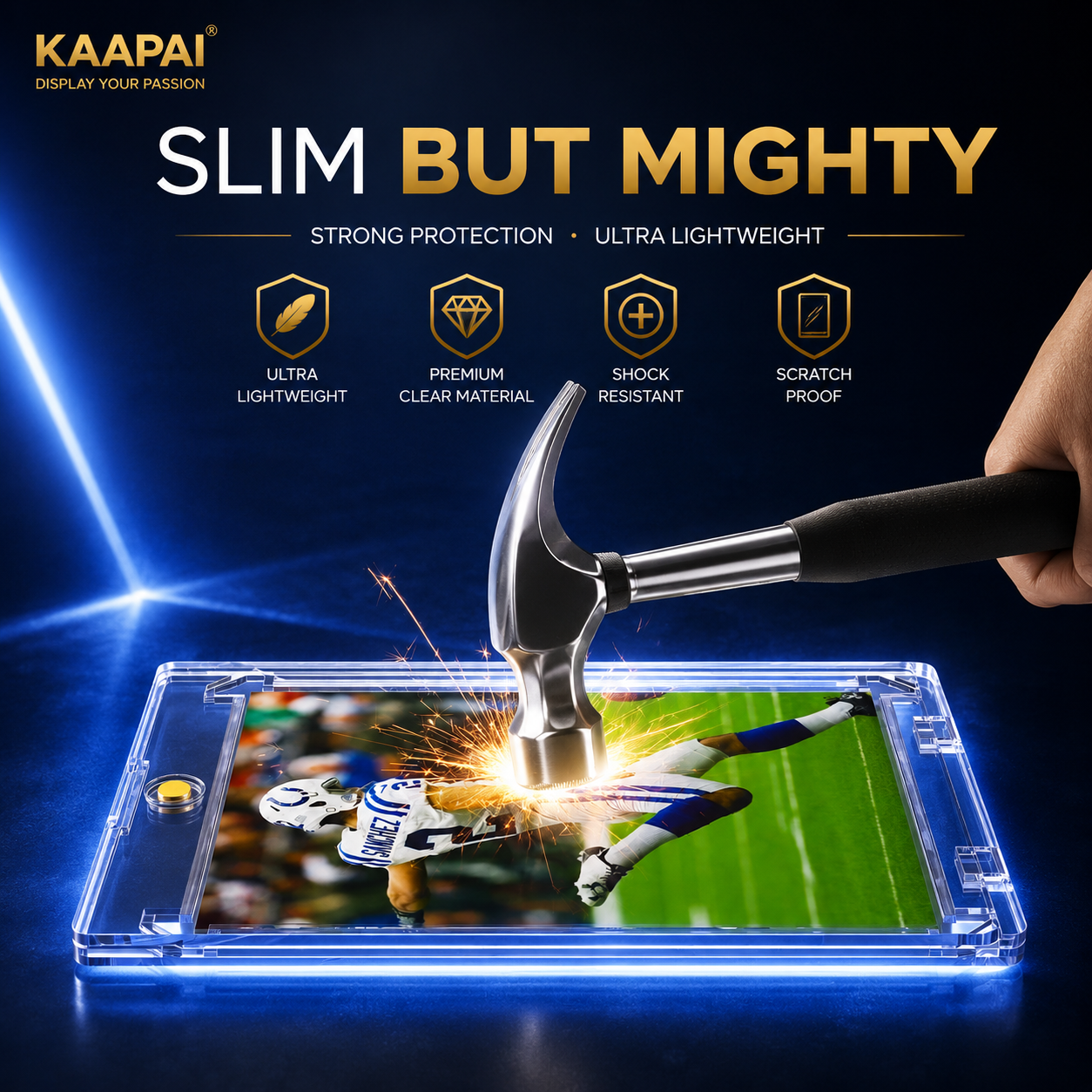 A clear smartphone case being demonstrated on a phone, with a hammer striking the screen to show impact resistance. The image includes marketing text and icons for Kaapai, with a hand holding the hammer and a dark blue studio-style background.