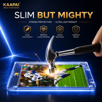 A clear smartphone case being demonstrated on a phone, with a hammer striking the screen to show impact resistance. The image includes marketing text and icons for Kaapai, with a hand holding the hammer and a dark blue studio-style background.