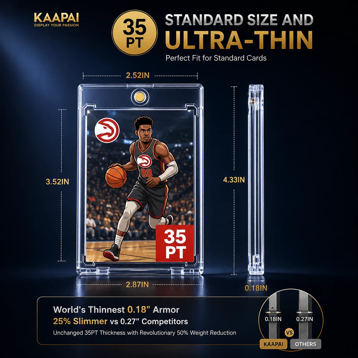 Promotional graphic for a KAAPAI 35pt ultra-thin clear card case, showing a basketball player illustration printed inside a transparent case, with dimensions labeled front, back, and side, and text highlighting the world's thinnest 0.18" armor.