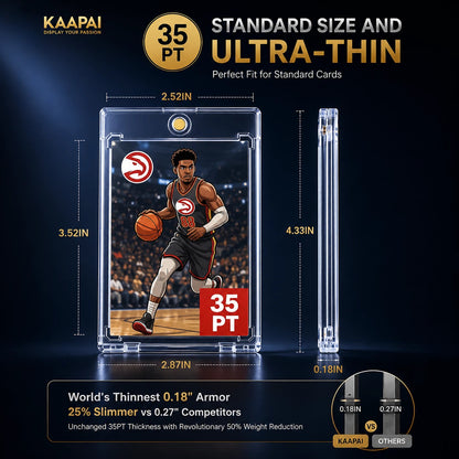 Promotional graphic for a KAAPAI 35pt ultra-thin clear card case, showing a basketball player illustration printed inside a transparent case, with dimensions labeled front, back, and side, and text highlighting the world's thinnest 0.18" armor.