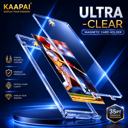 Clear acrylic magnetic card holder phone case by KAAPAI, shown on a dark blue glowing background with promotional text and feature icons. The transparent case is displayed in two angled views, one holding a baseball photo insert.