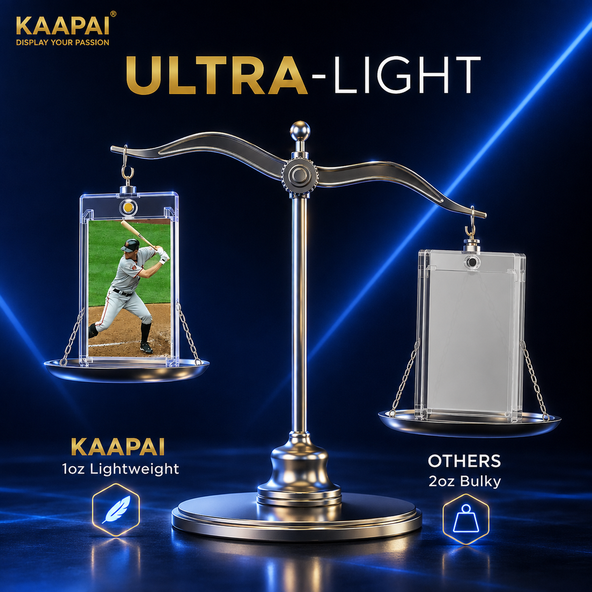 A polished metal balance scale on a dark blue background, comparing two clear display cases. The left side holds a small clear case with a baseball player photo and the text 'KAAPAI 1oz Lightweight', while the right side holds an empty clear case labeled 'OTHERS 2oz Bulky'.