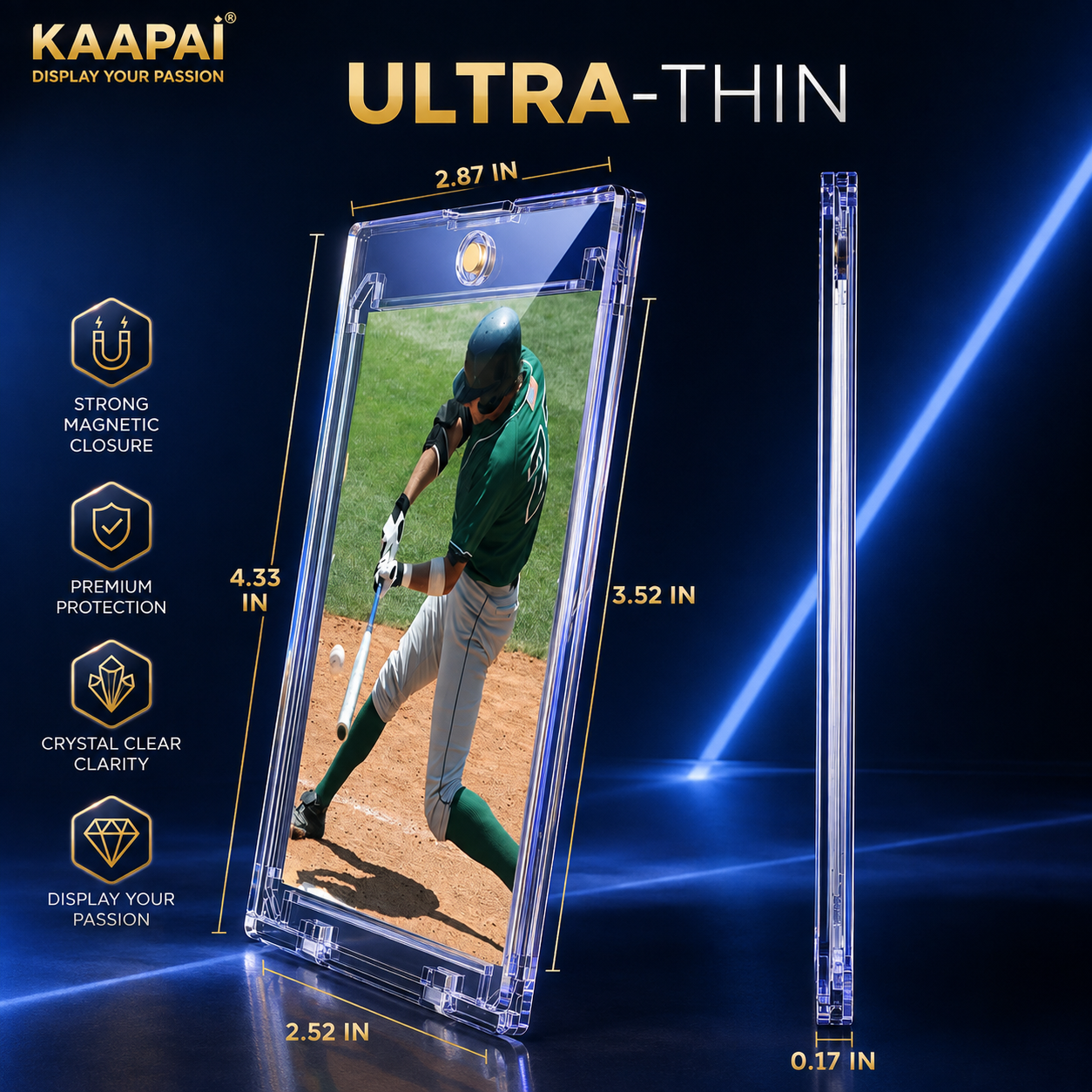 Clear protective phone case shown on a smartphone with overlaid dimensions and marketing text. The case is transparent and ultra-thin, with side and front measurements displayed on a dark blue background with glowing light effects.