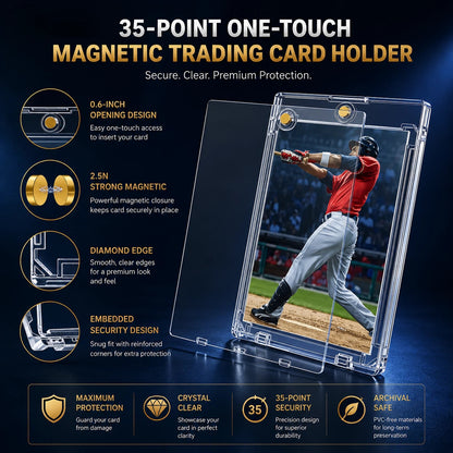 A clear acrylic magnetic trading card holder shown on a dark blue promotional background, with a baseball player visible through the holder as a demonstration. The image includes large marketing text and feature callouts about one-touch opening, strong magnetism, diamond edge, security design, and archival protection.