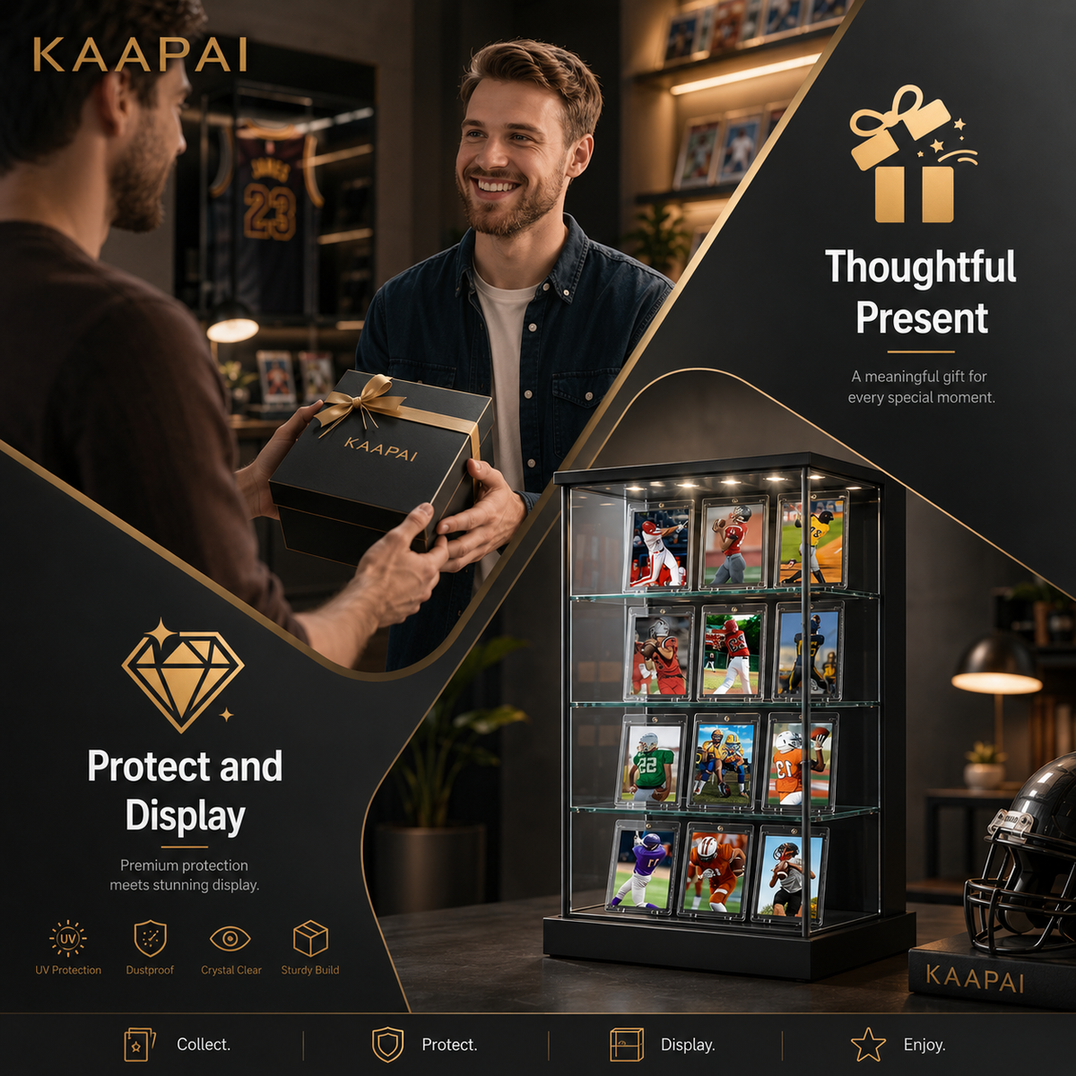 A promotional scene showing a man presenting a KAAPAI branded display box to another man in a warmly lit room, with a large glass sports memorabilia display case filled with framed player cards beside them. Text overlays read 'Thoughtful Present' and 'Protect and Display,' and the KAAPAI brand name appears prominently.